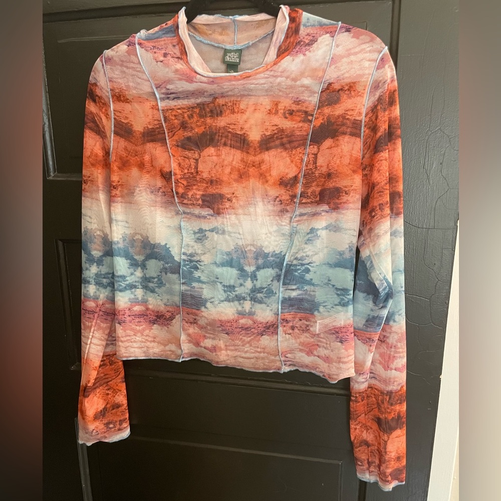 Mesh Abstract Print Long Sleeve Mock Neck Top with Contrast Stitching